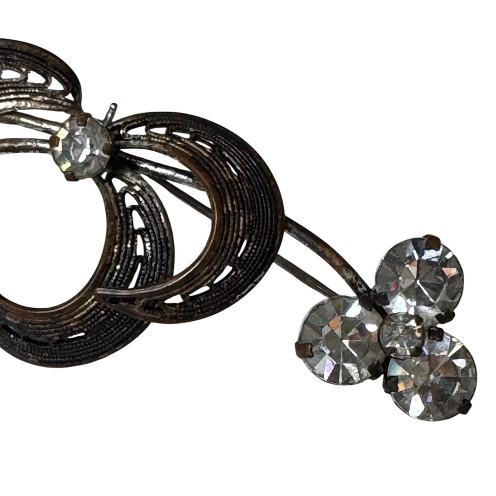 Vintage Austrian Filigree Brooch Rhinestone Crescent Pin Traditional MCM Antique - Picture 6 of 6